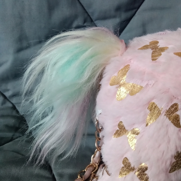 Olly & Me Pink Unicorn Purse With Gold Butterfly Pastel Pattern Plush Bag - Picture 9 of 10